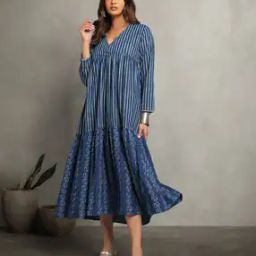 Dye Double Dabu Print Cotton Fit & Flare Dress-image-2