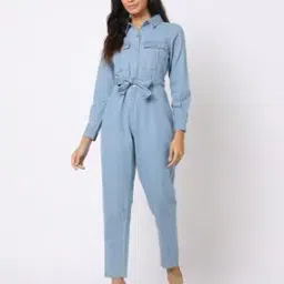 Denim Jumpsuit with Tie-Up Belt-image-11