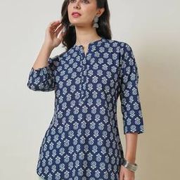 Women Floral Print Straight Tunic with Mandarin Collar-image-29
