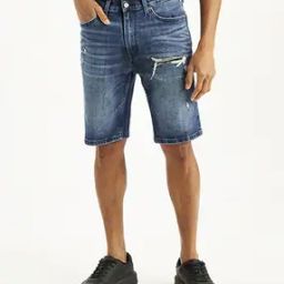 Men Distressed Tapered Fit Flat-Front Denim Shorts-image-71