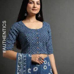 indie picks Natural Indigo Dyed Dabu Print Front-Open Blouse image 1