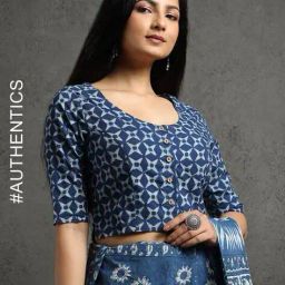 indie picks Natural Indigo Dyed Dabu Print Front-Open Blouse image 1