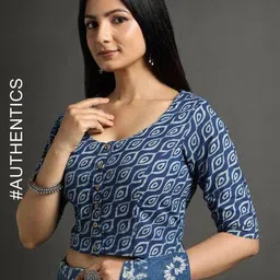 indie picks Natural Indigo Dyed Dabu Print Front-Open Blouse image 1