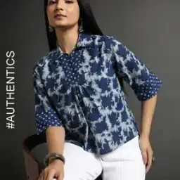 Indigo Dyed & Double Dabu Print Collar-Neck Short Top-image-83