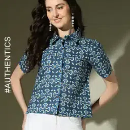 Handblock Batik Indigo Print Collared Cotton Top-image-7