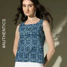 Handblock Indigo Print Cotton Sleeveless Top-image-96