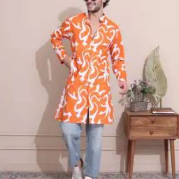 Men Printed Regular Fit Long Kurta with Mandarin Collar-image-2