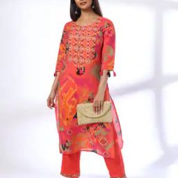 Women Ikat Print Straight Kurta & Pants Set-9