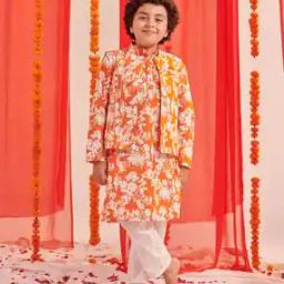 Boys Printed Kurta Pyjamas Set with Jacket-image-44