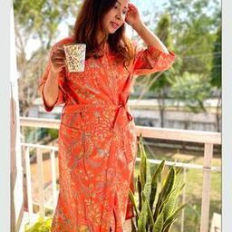 Floral Print Kimono Style Waffle Cotton Bathrobe-image-25