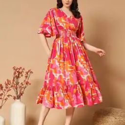 Women Printed V-Neck Tiered Dress-image-3