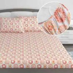 144 TC Floral Print King Size Fitted Bedsheet with 2 Pillow Covers-image-31