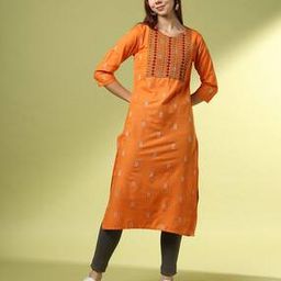 Women Geometric Woven Round-Neck Straight Kurta-image-72
