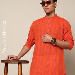 South Cotton Woven Dobby Stripe Long Kurta with Side Pocket-image-48