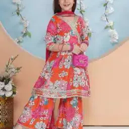 fabflee x ag Girls Floral Print Angrakha Kurta with Sharara & Dupatta-picture-34