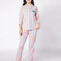 Women Typographic Print Shirt & Pyjama Nightwear Set-image-95