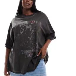 Graphic Print Curve Boyfriend Fit T-Shirt with Punk Rich Rock-image-69