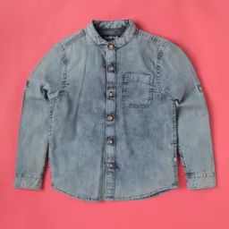 Denim Shirt with Band Collar-image-94