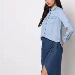 Relaxed Fit Denim Shirt with Flap Pockets-image-89