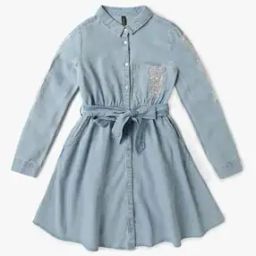 Girls Embellished Denim Shirt Dress with Tie-Up-image-67