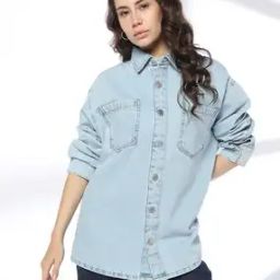 Women Oversized Denim Shirt with Patch Pockets-image-4