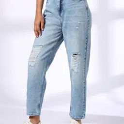 Girls Mid-Wash Distressed Mom Fit Jeans-image-87