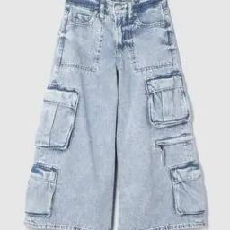 Girls Heavily Washed Baggy Fit Jeans with Cargo Pockets-image-68