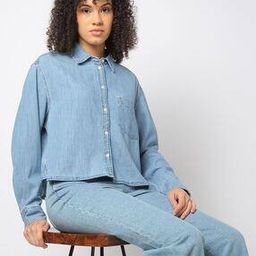 Light-Wash Cropped Denim Shirt-image-78