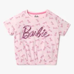Girls Barbie Print Loose Fit Round-Neck T-Shirt-image-29