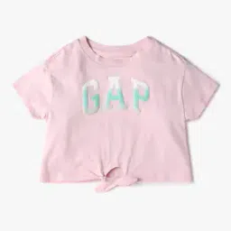 Girls Brand Print Relaxed Fit Crew-Neck T-Shirt with Front Tie Up-image-77