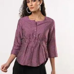 Women Printed Flared Shirt Top with Waist Gathering-image-2