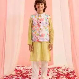 Boys Striped Kurta Pyjamas Set with Printed Jacket-picture-5