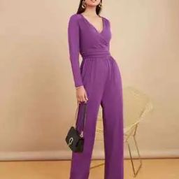 Women Long Sleeves Front Pleating Detail Wide Leg Jumpsuit-image-4