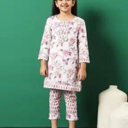 Girls Floral Print Kurta with Pants-image-3