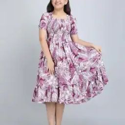 Girls Leaf Print Tiered Dress with Short Sleeves-image-18