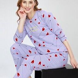 Women Heart Print T-Shirt & Pyjamas Set-image-43