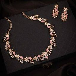 Women Gold-Plated Stone-Studded Necklace with Earrings Set-image-21