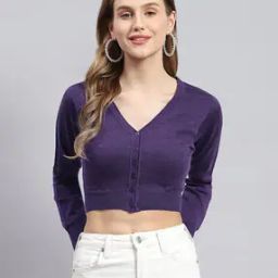Women V-Neck Woolen Crop Cardigan-image-1