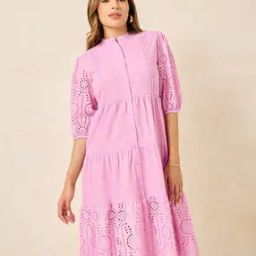 Women A-Line Tiered Midi Dress with Puff Sleeves-32