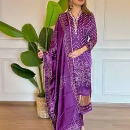 Women Bandhani Print Straight Kurta Suit Set-image-57
