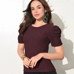 Women Ribbed Regular Fit Top with Puff Sleeves-image-77
