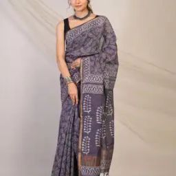 Traditional Handblock Print Cotton Silk Zari Border Saree-image-18