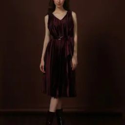 Women Pleated Fit & Flare Dress with Tie-Up Belt-image-68