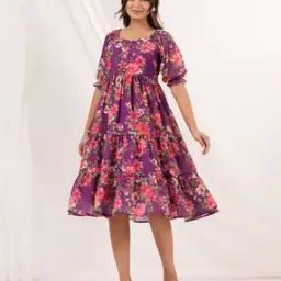  Women Georgette Floral Printed Tiered Dress-image-56