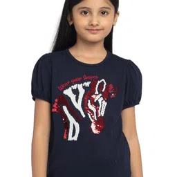 UNDER FOURTEEN ONLY Girls Navy Blue & Red Embellished Pure Cotton Print Top-picture-55