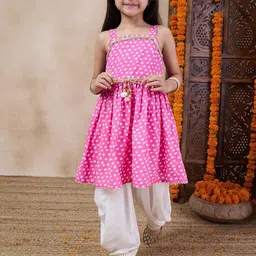 pspeaches Girls Bandhani Printed Shoulder Straps Gotta Patti A-Line Kurta With Dhoti Pants-picture-23