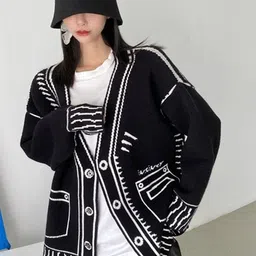LULU & SKY Women Black Striped Cardigan-picture-55