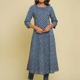 CRAFTED FOR YOU Women Blue & Grey Floral Printed Pure Cotton Kurta-image-21