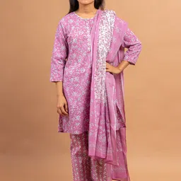 Sangria Girls Floral Printed Pure Cotton A-line Kurta With Trousers & Dupatta-image-65