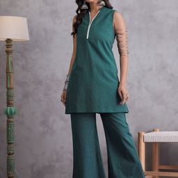 InWeave Cotton Mandarin Collar Top & Trousers Co-Ords Set-image-25